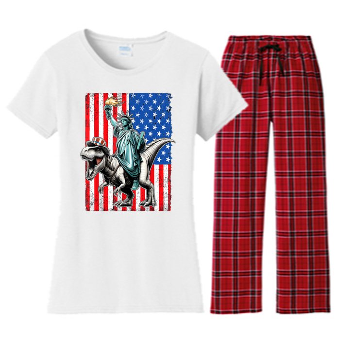 Dino Statue Of Liberty 4th Of July American Flag Women's Flannel Pajama Set