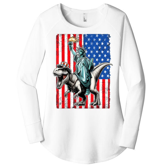 Dino Statue Of Liberty 4th Of July American Flag Women's Perfect Tri Tunic Long Sleeve Shirt