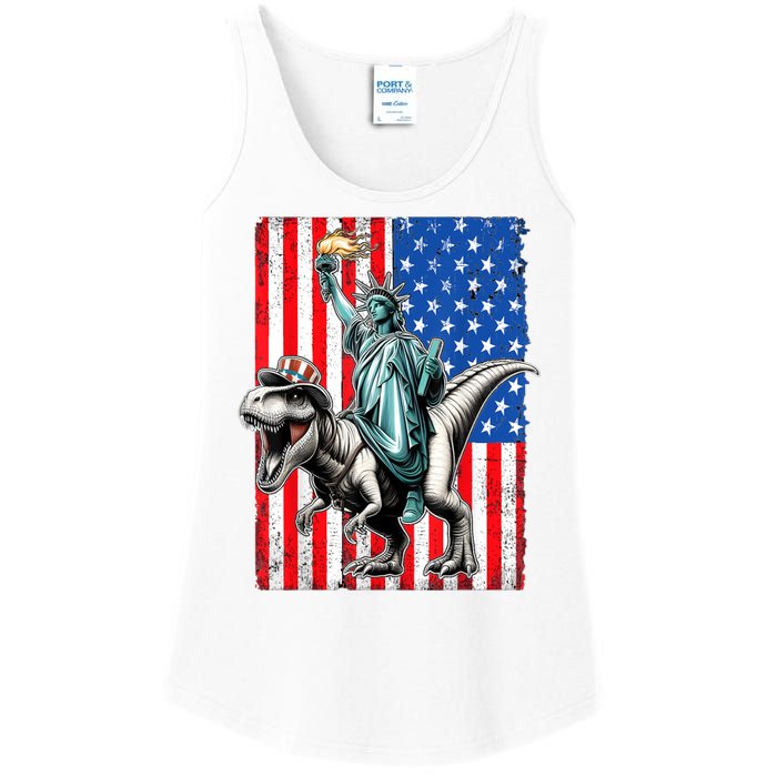 Dino Statue Of Liberty 4th Of July American Flag Ladies Essential Tank