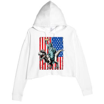 Dino Statue Of Liberty 4th Of July American Flag Crop Fleece Hoodie