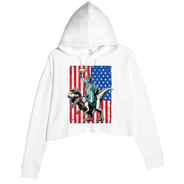 Dino Statue Of Liberty 4th Of July American Flag Crop Fleece Hoodie