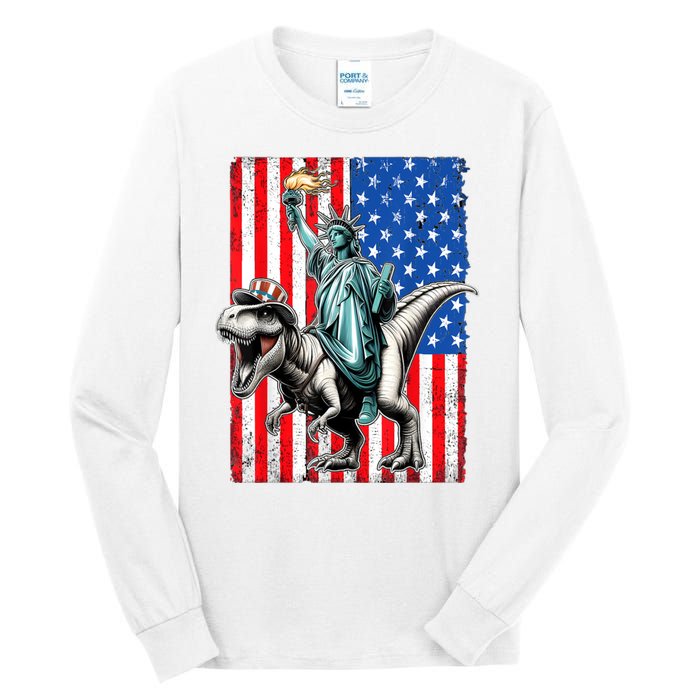 Dino Statue Of Liberty 4th Of July American Flag Tall Long Sleeve T-Shirt