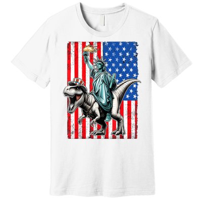 Dino Statue Of Liberty 4th Of July American Flag Premium T-Shirt