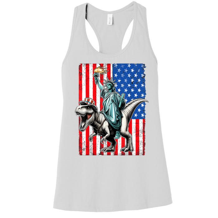 Dino Statue Of Liberty 4th Of July American Flag Women's Racerback Tank