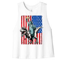 Dino Statue Of Liberty 4th Of July American Flag Women's Racerback Cropped Tank