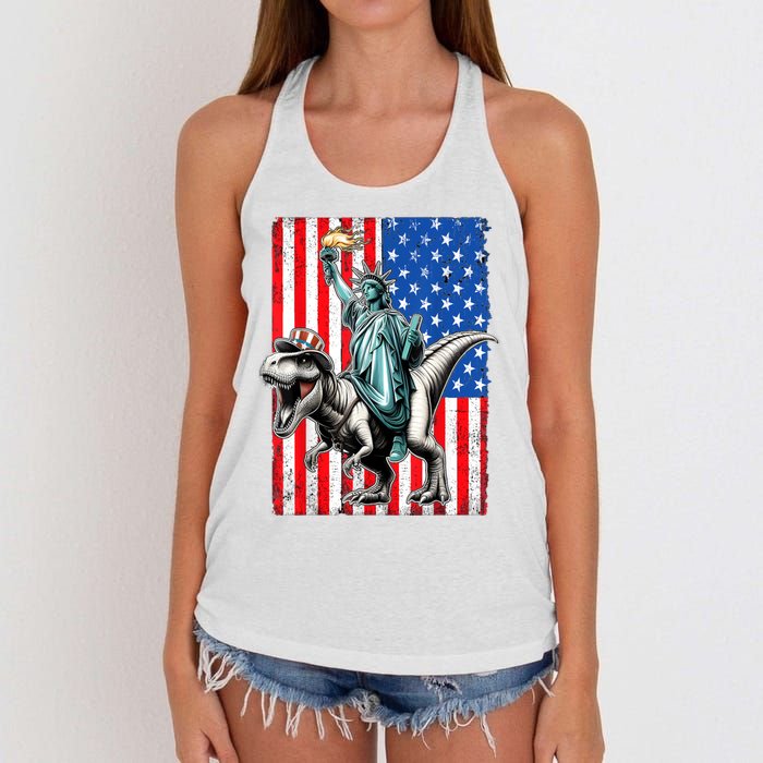 Dino Statue Of Liberty 4th Of July American Flag Women's Knotted Racerback Tank