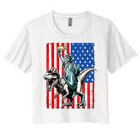 Dino Statue Of Liberty 4th Of July American Flag Women's Crop Top Tee