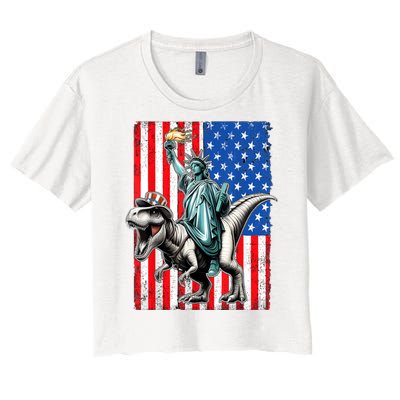 Dino Statue Of Liberty 4th Of July American Flag Women's Crop Top Tee