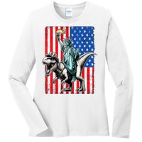 Dino Statue Of Liberty 4th Of July American Flag Ladies Long Sleeve Shirt