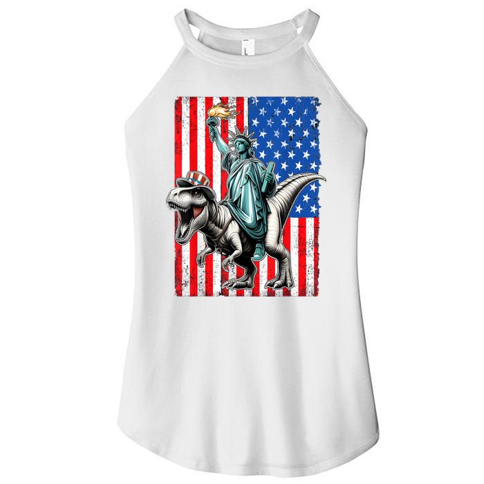 Dino Statue Of Liberty 4th Of July American Flag Women's Perfect Tri Rocker Tank