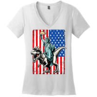 Dino Statue Of Liberty 4th Of July American Flag Women's V-Neck T-Shirt