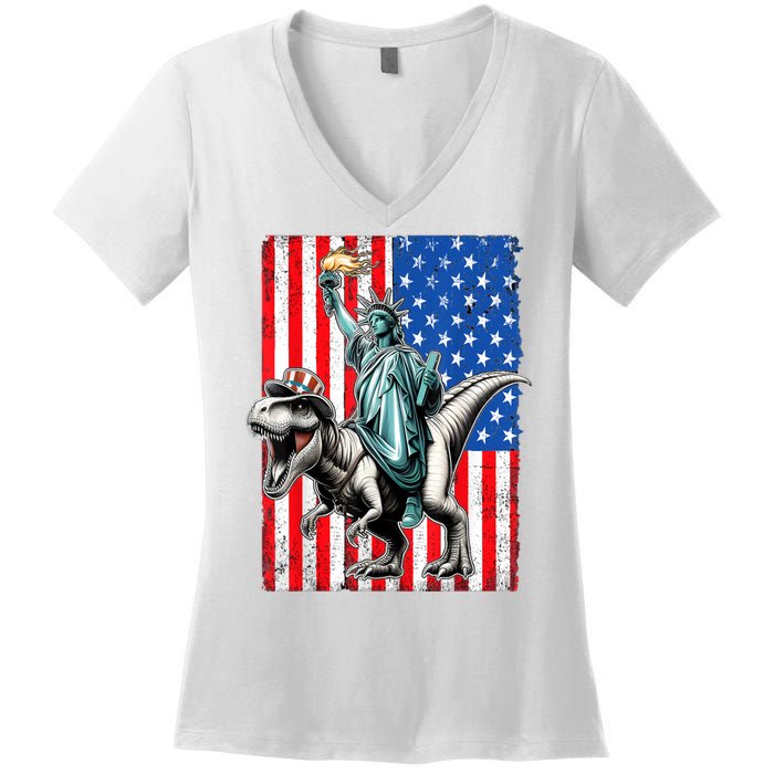 Dino Statue Of Liberty 4th Of July American Flag Women's V-Neck T-Shirt