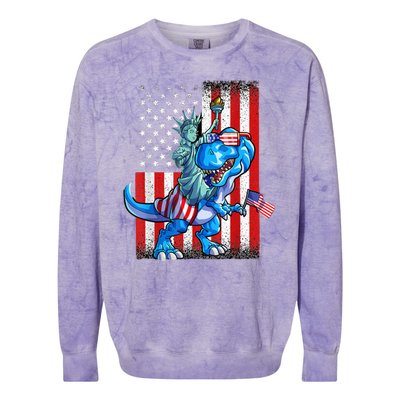 Dino Statue Of Liberty 4th Of July American Flag Colorblast Crewneck Sweatshirt