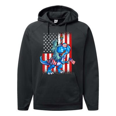 Dino Statue Of Liberty 4th Of July American Flag Performance Fleece Hoodie