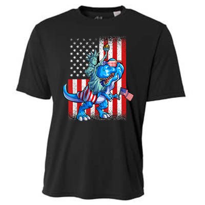 Dino Statue Of Liberty 4th Of July American Flag Cooling Performance Crew T-Shirt