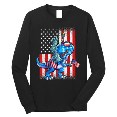 Dino Statue Of Liberty 4th Of July American Flag Long Sleeve Shirt