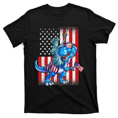 Dino Statue Of Liberty 4th Of July American Flag T-Shirt