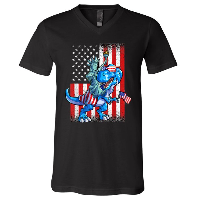 Dino Statue Of Liberty 4th Of July American Flag V-Neck T-Shirt