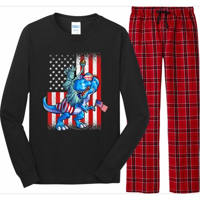 Dino Statue Of Liberty 4th Of July American Flag Long Sleeve Pajama Set