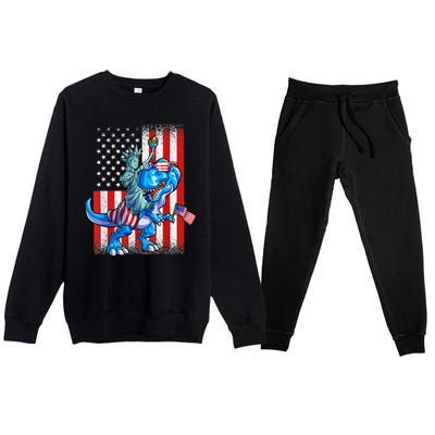 Dino Statue Of Liberty 4th Of July American Flag Premium Crewneck Sweatsuit Set