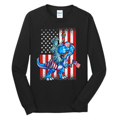 Dino Statue Of Liberty 4th Of July American Flag Tall Long Sleeve T-Shirt