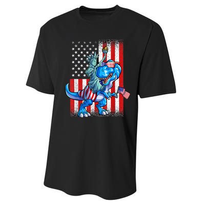 Dino Statue Of Liberty 4th Of July American Flag Performance Sprint T-Shirt