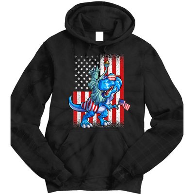 Dino Statue Of Liberty 4th Of July American Flag Tie Dye Hoodie