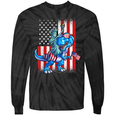 Dino Statue Of Liberty 4th Of July American Flag Tie-Dye Long Sleeve Shirt