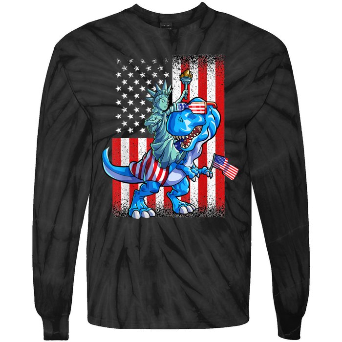 Dino Statue Of Liberty 4th Of July American Flag Tie-Dye Long Sleeve Shirt