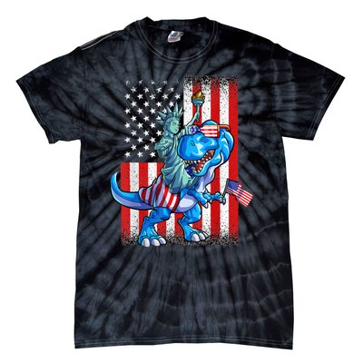 Dino Statue Of Liberty 4th Of July American Flag Tie-Dye T-Shirt