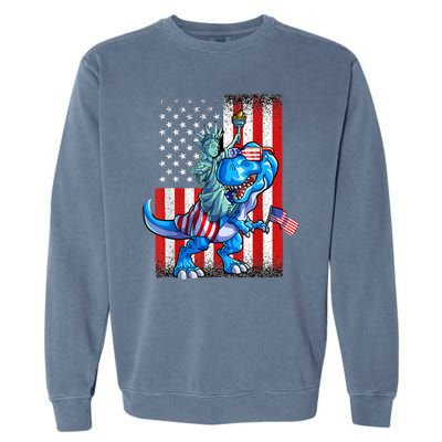 Dino Statue Of Liberty 4th Of July American Flag Garment-Dyed Sweatshirt