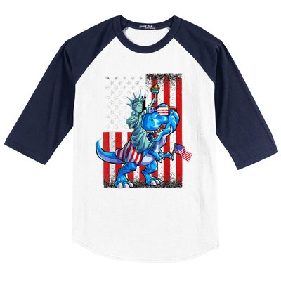 Dino Statue Of Liberty 4th Of July American Flag Baseball Sleeve Shirt