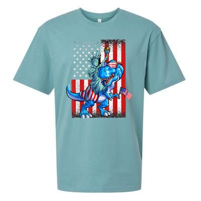 Dino Statue Of Liberty 4th Of July American Flag Sueded Cloud Jersey T-Shirt