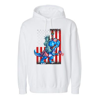 Dino Statue Of Liberty 4th Of July American Flag Garment-Dyed Fleece Hoodie