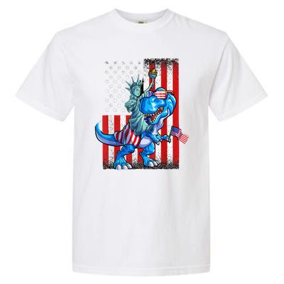 Dino Statue Of Liberty 4th Of July American Flag Garment-Dyed Heavyweight T-Shirt