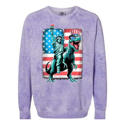 Dino Statue Of Liberty 4th Of July American Flag Colorblast Crewneck Sweatshirt