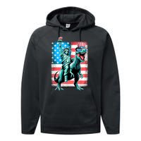 Dino Statue Of Liberty 4th Of July American Flag Performance Fleece Hoodie