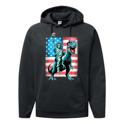 Dino Statue Of Liberty 4th Of July American Flag Performance Fleece Hoodie