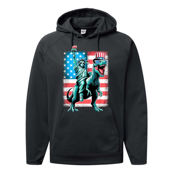 Dino Statue Of Liberty 4th Of July American Flag Performance Fleece Hoodie