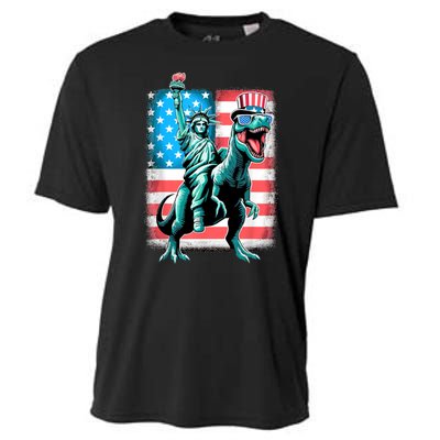 Dino Statue Of Liberty 4th Of July American Flag Cooling Performance Crew T-Shirt