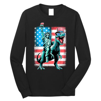 Dino Statue Of Liberty 4th Of July American Flag Long Sleeve Shirt