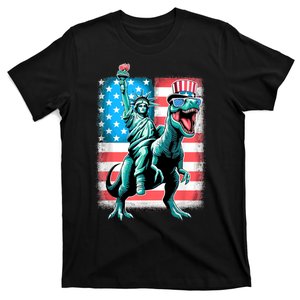 Dino Statue Of Liberty 4th Of July American Flag T-Shirt