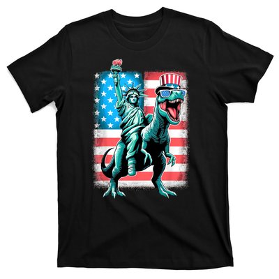 Dino Statue Of Liberty 4th Of July American Flag T-Shirt