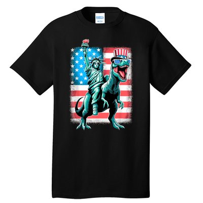 Dino Statue Of Liberty 4th Of July American Flag Tall T-Shirt