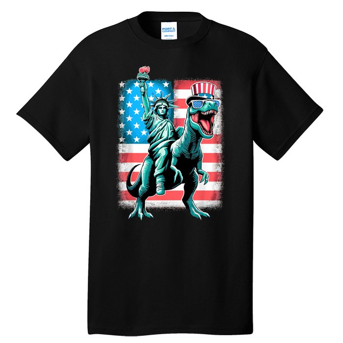 Dino Statue Of Liberty 4th Of July American Flag Tall T-Shirt