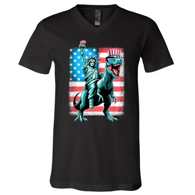 Dino Statue Of Liberty 4th Of July American Flag V-Neck T-Shirt