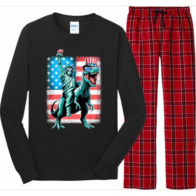 Dino Statue Of Liberty 4th Of July American Flag Long Sleeve Pajama Set