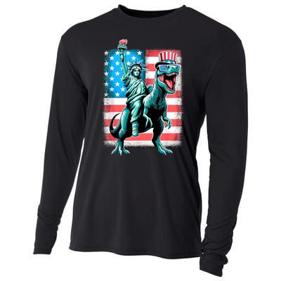 Dino Statue Of Liberty 4th Of July American Flag Cooling Performance Long Sleeve Crew