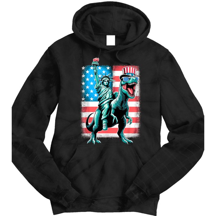 Dino Statue Of Liberty 4th Of July American Flag Tie Dye Hoodie