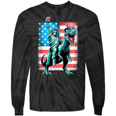 Dino Statue Of Liberty 4th Of July American Flag Tie-Dye Long Sleeve Shirt